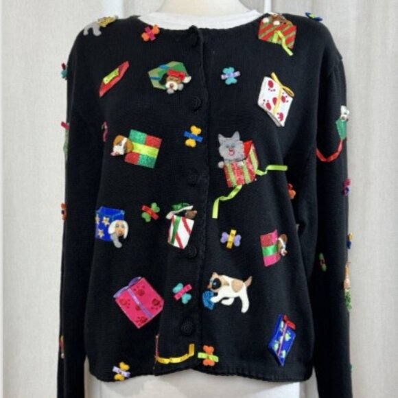 Michael Simon XL Black Holiday Cardigan Dogs Cats Gifts Embellished Xmas Sweater - Picture 1 of 16